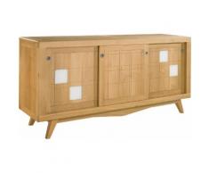 Buffet scandinave chêne massif clair 3 portes coulissantes décor verre blanc