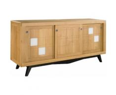 Buffet scandinave chêne massif clair 3 portes coulissantes décor verre blanc pieds noir