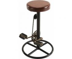Tabouret de bar industriel assise cuir marron pieds métal pédales noir