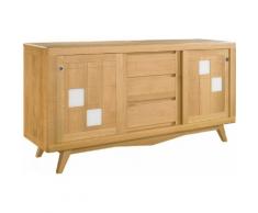 Buffet scandinave chêne massif clair 2 portes coulissantes 3 tiroirs décor verre blanc