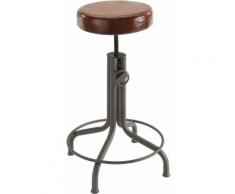 Tabouret industriel assise cuir marron pieds hauteur ajustable métal noir