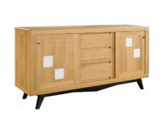 Buffet scandinave chêne massif clair 2 portes coulissantes 3 tiroirs décor verre blanc pieds noir
