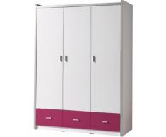 Armoire enfant laqué blanc et fuchsia 3 portes 3 tiroirs