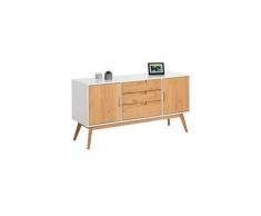 Buffet tivoli design vintage scandinave nordique commode bahut vaisselier 3 tiroirs 2 portes, pin massif finition blanc/bois teinté