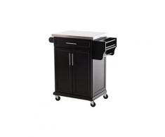 Chariot de service desserte de cuisine à roulettes multi-rangements placard double portes + étagères + range couverts et condiments latéral 84l x 46l x 91h cm plateau acier inoxydable bois noir
