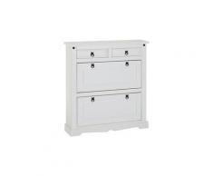Meuble à chaussures tequila style mexicain armoire avec 2 abattants et 2 tiroirs rangement pour 16 paires, pin massif lasuré blanc