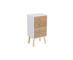 Meuble de rangement chiffonnier design scandinave 40l x 30l x 75h cm 4 tiroirs bois massif pin mdf blanc et hêtre motif graphique