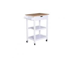 Chariot de service desserte de cuisine à roulettes multi-rangements 64l x 39l x 85h cm plateau bois pin châssis mdf blanc