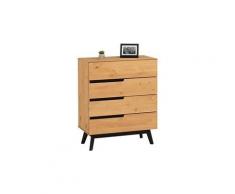 Commode tibor style scandinave design vintage nordique avec 4 tiroirs, en pin massif finition bois naturel teinté