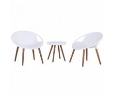 Salon de jardin 2 pers. 3 pièces - ensemble bistro design scandinave - 2 fauteuils lounge + table basse - pieds imitation bois plastique PP blanc - Mobilier de Jardin