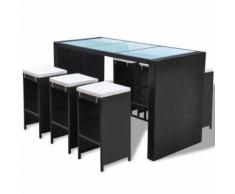 vidaXL Meuble de bar de jardin 7 pcs et coussins Résine tressée Noir - Mobilier de Jardin