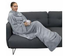 Couverture polaire plaid intégral avec manches et poche - Adulte 210 x 160 cm - Gris - Linge de lit