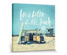 VW Volkswagen Poster Reproduction Sur Toile, Tendue Sur Châssis - Bus, La Vie Est Meilleure À La Plage (40x40 cm) - Décoration murale
