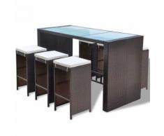 vidaXL Meuble de bar de jardin 7 pcs et coussins Résine tressée Marron - Mobilier de Jardin