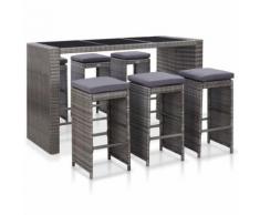 vidaXL Meuble de bar de jardin 7 pcs et coussins Résine tressée Gris - Mobilier de Jardin
