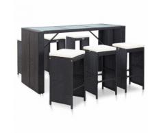 vidaXL Meuble de bar de jardin 7 pcs et coussins Résine tressée Noir - Mobilier de Jardin