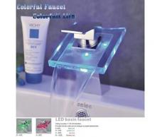 Robinet salle de bain cascade avec mitigeur d'eau chaude et froide, Robinet avec bec verseur LED en verre et finition en chrome - Robinetterie