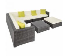 TECTAKE Salon de Jardin MARBELLA 6 Fauteuils 1 Table 1 Tabouret en Résine Tressée Gris - Mobilier de Jardin