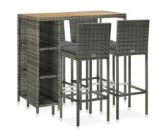 vidaXL Meuble de bar de jardin 5 pcs et coussins Résine tressée Gris