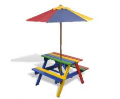 vidaXL Table et bancs de pique-nique avec parasol pour enfants Bois
