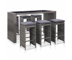vidaXL Meuble de bar de jardin 7 pcs et coussins Résine tressée Gris