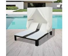 vidaXL Chaise longue double avec rideau Résine tressée Noir