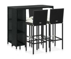 vidaXL Meuble de bar de jardin 5 pcs et coussins Résine tressée Noir