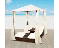 vidaXL Chaise longue double avec rideaux Résine tressée Marron