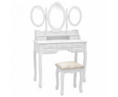 vidaXL Coiffeuse avec tabouret et miroir pliable en 3 Blanc