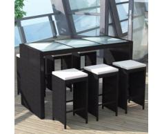 vidaXL Meuble de bar de jardin 7 pcs et coussins Résine tressée Noir