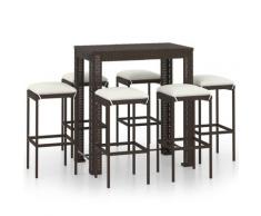 vidaXL Meuble de bar de jardin 7 pcs et coussins Résine tressée Marron