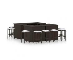 vidaXL Meuble de bar de jardin 16pcs et coussins Résine tressée Marron