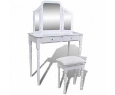 vidaXL Coiffeuse avec miroir et tabouret 2 tiroirs Blanc