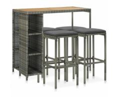 vidaXL Meuble de bar de jardin 5 pcs et coussins Résine tressée Gris
