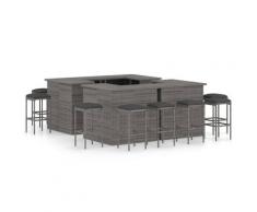 vidaXL Meuble de bar de jardin 16 pcs et coussins Résine tressée Gris