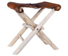 vidaXL Tabouret pliable Cuir véritable et bois de teck massif