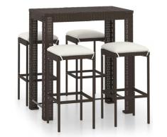 vidaXL Meuble de bar de jardin 5 pcs et coussins Résine tressée Marron