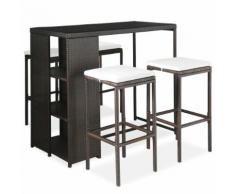 vidaXL Meuble de bar de jardin 5 pcs et coussins Résine tressée Marron