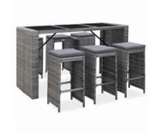 vidaXL Meuble de bar de jardin 7 pcs et coussins Résine tressée Gris
