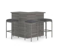 vidaXL Meuble de bar de jardin 4 pcs avec coussins Résine tressée Gris