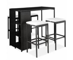 vidaXL Meuble de bar de jardin 5 pcs et coussins Résine tressée Noir