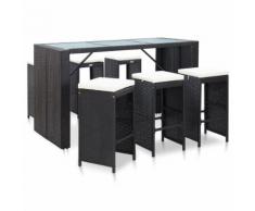 vidaXL Meuble de bar de jardin 7 pcs et coussins Résine tressée Noir