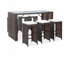 vidaXL Meuble de bar de jardin 7 pcs et coussins Résine tressée Marron