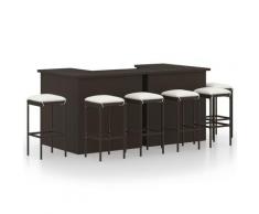 vidaXL Meuble de bar de jardin 8 pcs et coussins Résine tressée Marron