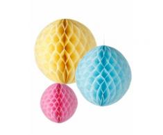 3 Suspensions boules papier jaune, bleu et rose Taille Unique