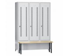Vestiaire avec banc frontal portes en tôle perforée, largeur compartiments 400 mm, 3 compartiments | Wolf