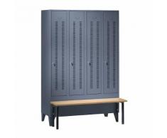 Vestiaire avec banc frontal portes en tôle perforée, largeur compartiments 300 mm, 4 compartiments | Wolf