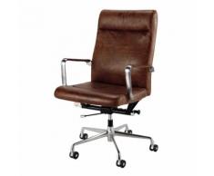 Fauteuil de bureau à roulettes en cuir marron et métal Teacher