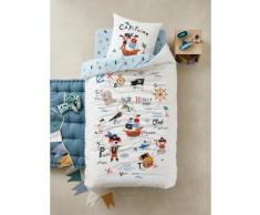 Parure housse de couette + taie d'oreiller enfant P COMME PIRATE écru / bleu