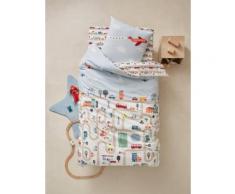 Parure housse de couette + taie d'oreiller enfant AUTO-CITY beige imprimé